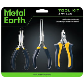The Metal Earth Tool Kit includes a three-piece set of tools made of medium carbon steel, featuring drop forged and heat treated construction. The tools include needle nose pliers, regular pliers with rubber grips, and cutting pliers, arranged on a sleek black backing designed for display.