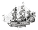 The ICONX: Queen Anne's Revenge is a metallic DIY kit depicting a detailed 3D model of a pirate ship. It features intricate sails, a sleek hull, and decorative elements, showcasing craftsmanship ideal for model enthusiasts. The ship is displayed from a slightly angled view, capturing its grandeur and authenticity.