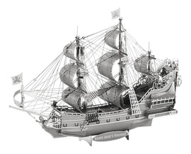The ICONX: Queen Anne's Revenge is a metallic DIY kit depicting a detailed 3D model of a pirate ship. It features intricate sails, a sleek hull, and decorative elements, showcasing craftsmanship ideal for model enthusiasts. The ship is displayed from a slightly angled view, capturing its grandeur and authenticity.