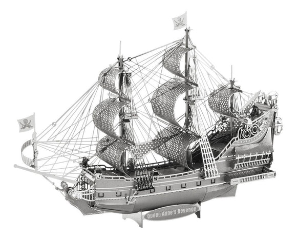 The ICONX: Queen Anne's Revenge is a metallic DIY kit depicting a detailed 3D model of a pirate ship. It features intricate sails, a sleek hull, and decorative elements, showcasing craftsmanship ideal for model enthusiasts. The ship is displayed from a slightly angled view, capturing its grandeur and authenticity.