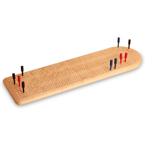 A beautifully crafted Cherry wood cribbage board by Heartwood Creations, featuring a classic design with holes for pegs and an elegant finish. The board is elongated with a rounded end and displays colorful pegs in red, blue, and black. Perfect for classic family game nights and gatherings.