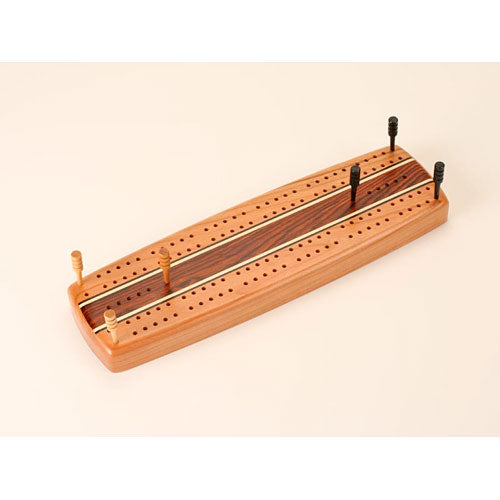 A beautifully crafted Cribbage board made of cherry wood featuring intricate marquetry designs. The board is polished to a smooth finish and showcases various colored pegs inserted into holes along the sides for scoring. Its elegant design makes it a perfect addition to any game night or as a decorative piece.