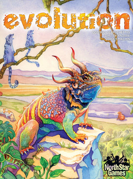 Box cover of the game 'Evolution' by North Star Games featuring a vibrant, colorful creature resembling a dinosaur perched on a rock. The background depicts a lush landscape with various trees and animals, creating a whimsical and engaging atmosphere.