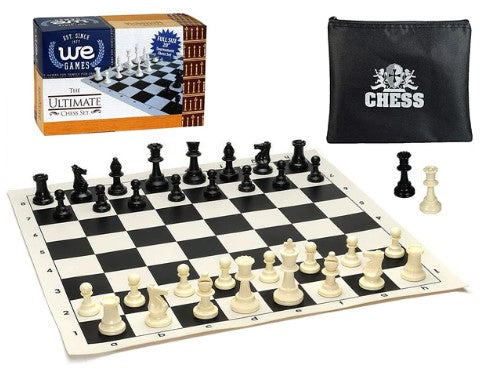Tournament Chess Set featuring a silicone board with a traditional checkered pattern, including black and white pieces arranged in starting position. The set comes with a compact carrying pouch for easy storage and transport, ideal for players of all levels.