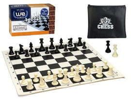 Tournament Chess Set featuring a silicone board with a traditional checkered pattern, including black and white pieces arranged in starting position. The set comes with a compact carrying pouch for easy storage and transport, ideal for players of all levels.