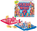 The Guess Who Classic game by Winning Moves is seen here, featuring a colorful game board with red and blue player sections, various character cards, and the iconic cover that showcases humorous caricatures. The question mark and gameplay prompts are visible, inviting players aged 6 and up to guess the mystery character by asking yes-or-no questions.