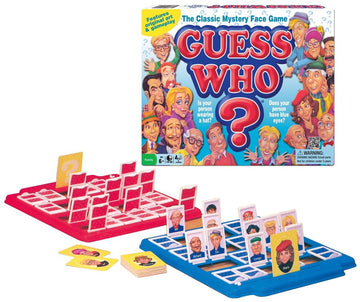 The Guess Who Classic game by Winning Moves is seen here, featuring a colorful game board with red and blue player sections, various character cards, and the iconic cover that showcases humorous caricatures. The question mark and gameplay prompts are visible, inviting players aged 6 and up to guess the mystery character by asking yes-or-no questions.
