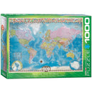 A jigsaw puzzle titled 'Map of the World' by Eurographics. It features a detailed cartographic representation of the world with various countries and oceans labeled. The design includes colorful borders adorned with flags from different nations. The puzzle consists of 1000 pieces, inviting users to explore global geography while enjoying a fun and challenging activity.