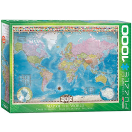 A jigsaw puzzle titled 'Map of the World' by Eurographics. It features a detailed cartographic representation of the world with various countries and oceans labeled. The design includes colorful borders adorned with flags from different nations. The puzzle consists of 1000 pieces, inviting users to explore global geography while enjoying a fun and challenging activity.