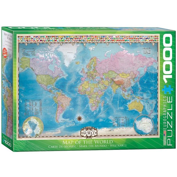 A jigsaw puzzle titled 'Map of the World' by Eurographics. It features a detailed cartographic representation of the world with various countries and oceans labeled. The design includes colorful borders adorned with flags from different nations. The puzzle consists of 1000 pieces, inviting users to explore global geography while enjoying a fun and challenging activity.