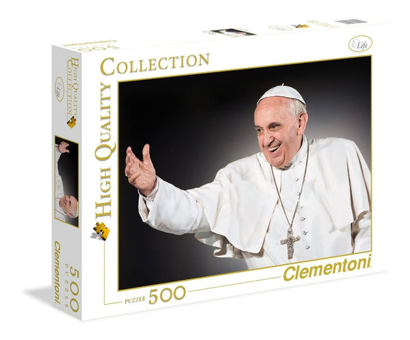 Clementoni jigsaw puzzle featuring Pope Francis, showcasing the Pope smiling and gesturing. The box design includes the words 'High Quality Collection' and has a total of 500 pieces.