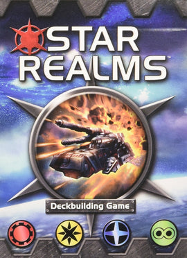 Star Realms game box featuring vibrant space-themed artwork. The design includes a prominent spaceship launching explosive fire, set against a cosmic background. The title 'Star Realms' is displayed at the top, while the bottom notes it's a 'Deckbuilding Game' with distinctive colored symbols underneath representing various factions.