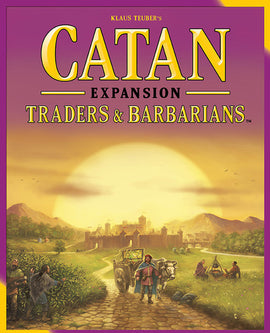 Catan: Traders & Barbarians game box featuring vibrant artwork of a sunlit scene with characters walking down a path, flanked by fields and a distant city. The title 'Catan' is prominently displayed at the top, along with 'Expansion' and 'Traders & Barbarians.' This expansion offers new gameplay elements for Catan enthusiasts.