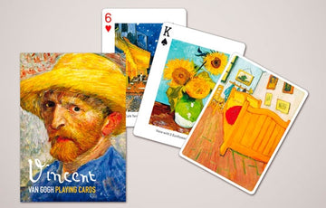 Single deck of Van Gogh playing cards featuring artwork by Vincent Van Gogh. The deck includes cards showcasing famous paintings such as 'Sunflowers,' 'The Bedroom,' and 'Starry Night.' The packaging has a vibrant image of Van Gogh's portrait with 'Vincent' written on it, perfect for art enthusiasts and card game lovers.