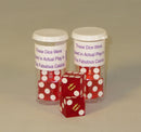 Casino Precision Dice Set of 2 includes two transparent containers with red dice featuring white dots and letters, labeled to indicate they were used in actual casino play. The dice are designed for gaming enthusiasts seeking an authentic casino experience.