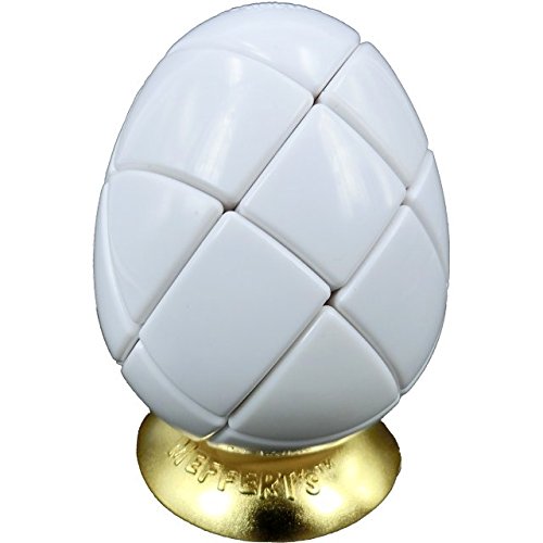 Morphegg - White is a mechanical puzzle by Mefferts, shaped like an egg with smooth, glossy white pieces. The puzzle features a unique design with multiple sections that rotate, providing a challenging experience for puzzle enthusiasts. It sits on a stylish gold base, highlighting its elegant look.