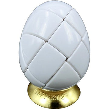 Morphegg - White is a mechanical puzzle by Mefferts, shaped like an egg with smooth, glossy white pieces. The puzzle features a unique design with multiple sections that rotate, providing a challenging experience for puzzle enthusiasts. It sits on a stylish gold base, highlighting its elegant look.