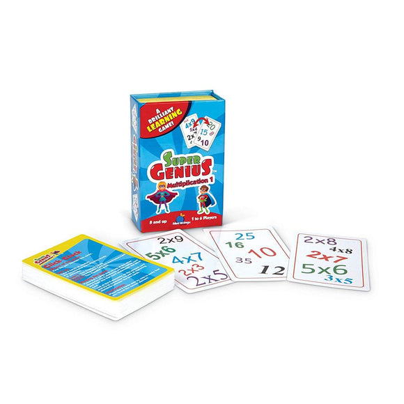 The Super Genius: Multiplication 1 game by Blue Orange U.S.A. features a colorful box with illustrations of superheroes. Surrounding the box are playing cards showing various multiplication problems, designed for kids aged 8 and up. The game can be played by 1 to 6 players, making learning math fun and engaging.