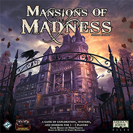 The box cover of 'Mansions of Madness: Second Edition' by Fantasy Flight Games. The artwork depicts a dark, haunted mansion set against a gloomy sky, with crows flying above. The title is prominently displayed, featuring an ornate font. This board game is designed for 1 to 5 players and revolves around themes of exploration, mystery, and horror.