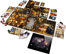 Mansions of Madness: Second Edition board game by Fantasy Flight Games. The game setup features a detailed game board with various rooms, player pieces, and a variety of cards, dice, and tokens scattered around, as well as a tablet displaying the game interface. The rich, atmospheric design immerses players in a thrilling, horror-themed experience.