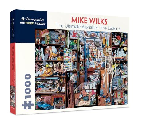 The packaging of the Ultimate Alphabet, The Letter S jigsaw puzzle by Mike Wilks, featuring intricate and whimsical illustrations. The box showcases a colorful array of objects and scenes related to the letter S, showcasing both creativity and detail.