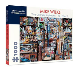 The packaging of the Ultimate Alphabet, The Letter S jigsaw puzzle by Mike Wilks, featuring intricate and whimsical illustrations. The box showcases a colorful array of objects and scenes related to the letter S, showcasing both creativity and detail.