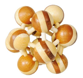 The Two-tone Atom Puzzle by Fridolin features a unique design with interlocking spheres of light and dark wood tones arranged in a molecular structure. Ideal for stimulating problem-solving and cognitive skills.