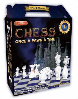 Once A Pawn A Time - DELUXE by ScienceWiz is an award-winning chess game designed for young players. The package showcases a beautifully illustrated chessboard, colorful chess pieces, and instructional books. The game encourages strategic thinking and engagement in chess while providing a fun gaming experience.