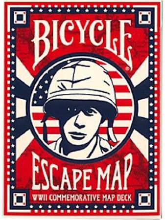 Bicycle Escape Map Cards featuring a soldier's portrait against a bold red, white, and blue background with WWII themes. The design incorporates patriotic elements and historical motifs, showcasing the nostalgic appeal of the game cards.