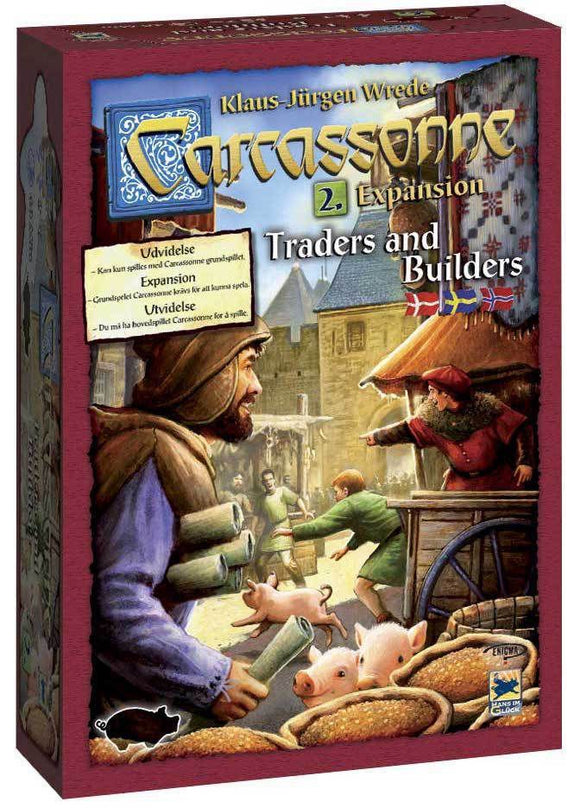 Carcassonne: Expansion 2 – Traders & Builders game box showcasing vibrant artwork featuring traders, builders, and pigs in a medieval setting. The background illustrates a busy market scene with characters engaging in trade. The box highlights the words 'Traders and Builders' prominently.