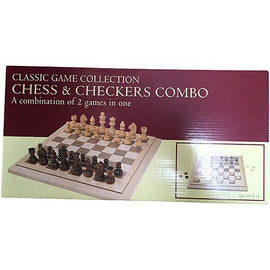 A 15-inch folding chess set by John N. Hansen Co. Inc., featuring a checkered board with chess pieces in black and natural wood. The packaging showcases a classic game collection combining chess and checkers in one convenient board.