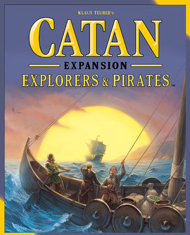 Catan: Explorers & Pirates game box featuring a vibrant illustration of a ship sailing towards a golden sunset, with characters preparing for an adventure. The title prominently displayed at the top in bold letters. The scene evokes themes of exploration and strategy.