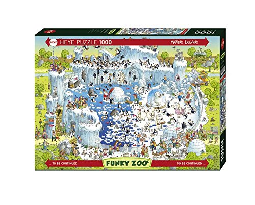 The Heye Polar Habitat jigsaw puzzle features a vibrant and playful illustration of a whimsical arctic scene. The image showcases a variety of cartoonish polar animals, including penguins and seals, interacting with a colorful landscape of icebergs, igloos, and playful activities. This large, 1000-piece puzzle is designed for enthusiasts looking for a fun and challenging way to engage with art and wildlife.