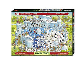 The Heye Polar Habitat jigsaw puzzle features a vibrant and playful illustration of a whimsical arctic scene. The image showcases a variety of cartoonish polar animals, including penguins and seals, interacting with a colorful landscape of icebergs, igloos, and playful activities. This large, 1000-piece puzzle is designed for enthusiasts looking for a fun and challenging way to engage with art and wildlife.