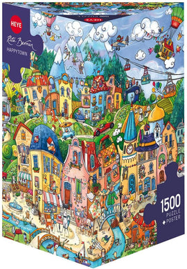 Happytown jigsaw puzzle by Heye featuring a colorful, whimsical village scene filled with charming houses, people, animals, and landscapes. The puzzle contains 1500 pieces and includes a poster for reference. The design showcases vibrant colors and playful imagery, making it an engaging challenge for puzzle enthusiasts.
