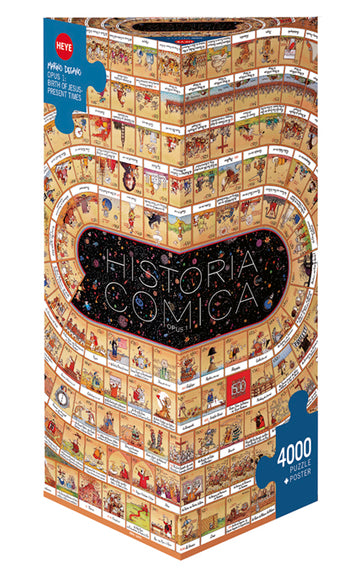Historia Comica Opus 1 jigsaw puzzle by Heye featuring vibrant comic-style illustrations, depicting historical events in a colorful, engaging design. The box includes 4000 pieces and a poster.