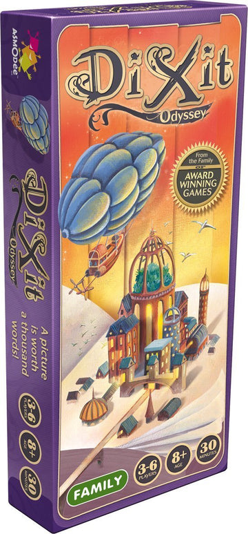 The packaging of the board game 'Dixit: Odyssey' by Asmodee, featuring a whimsical design of a floating hot air balloon and imaginative cityscape. The box is vibrant, showcasing the game's family-friendly appeal with details like player count, age recommendation, and playtime.