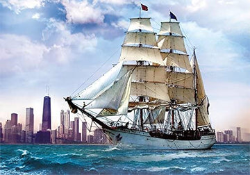 A scenic jigsaw puzzle featuring a tall ship in full sail against the backdrop of the Chicago skyline. The ship is traversing the vibrant blue waters, with the iconic skyscrapers of Chicago visible in the distance under a partly cloudy sky.