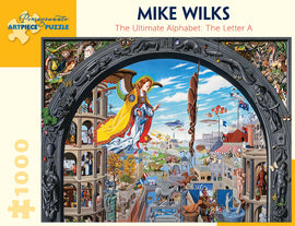 A colorful jigsaw puzzle featuring artwork by Mike Wilks, titled 'The Ultimate Alphabet: The Letter A'. The illustration depicts an intricate scene filled with various characters, objects, and animals, all organized within an ornate arch. The vibrant colors and detailed imagery invite puzzle enthusiasts and art lovers alike to explore the artistic representation of the letter A.