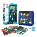 Ghost Hunters by SmartGames is a mechanical puzzle game designed for 1 player aged 6 and up. The game features a colorful box, a play area with ghost figures and flashlights, and challenge cards that present various puzzles. Players must strategically position light beams to capture the ghosts. It comes with a unique flashlight piece and several challenge cards for unlimited fun and learning.