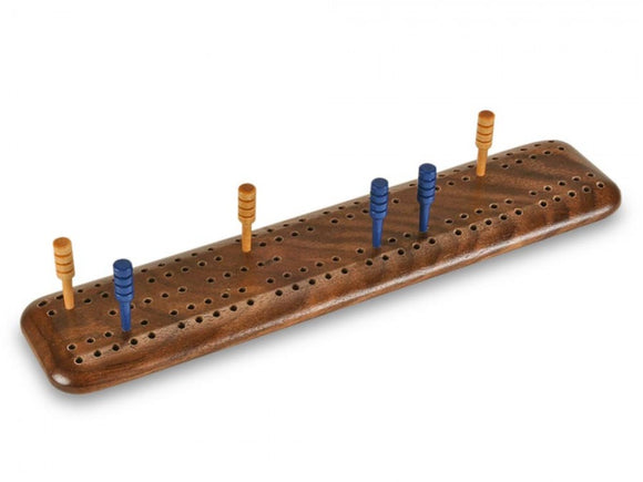 Burl Walnut Travel Cribbage board by Heartwood Creations, featuring a beautifully crafted wooden design with holes for pegs and three pegs in blue and natural wood colors, perfect for portable gaming.