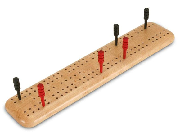 Birdseye Maple Travel Cribbage board by Heartwood Creations features a sleek wooden design with a smooth finish. The board includes pegged scoring holes and multiple pegs in red and black, perfect for competitive play. Its compact size makes it ideal for travel and family game nights.