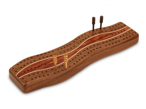 Walnut Center Wave Cribbage board made by Heartwood Creations, featuring a wavy design and holes for pegs, crafted from high-quality wood for a classic gaming experience.