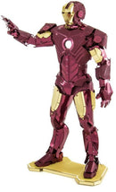 Metal Earth Iron Man model in vibrant colors, featuring intricate metal detailing. The figure stands with one hand raised in a 'repulsor blast' pose, showcasing a mix of gold and burgundy metallic finishes, mounted on a gold base.