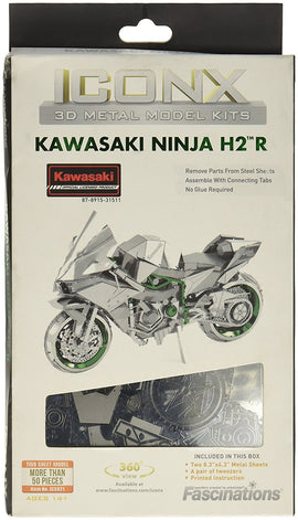 ICONX Kawasaki Ninja H2R 3D Metal Model Kit by Fascinations. This DIY kit includes two metal sheets with more than 50 parts for assembly. Unique design with intricate details allows you to create a stunning replica of the Kawasaki Ninja motorcycle without glue, utilizing connecting tabs for easy assembly. Ideal for ages 14 and up, perfect for model enthusiasts and collectors.