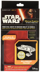 A product image of the ICONX: Millennium Falcon DIY kit by Fascinations. The packaging features the iconic Millennium Falcon from Star Wars, highlighting its assembly instructions that require no glue or soldering. The kit promises a transition from steel sheets to a detailed 3D model, suitable for ages 14 and up. A premium series badge is displayed prominently, emphasizing its quality. The back of the package features a 360-degree view option for assembly assistance.