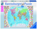 Ravensburger Political World Map jigsaw puzzle featuring a colorful, detailed map of the world, with borders and flags of various countries displayed around the edges. This 1000-piece puzzle is designed for map enthusiasts and puzzle lovers alike.