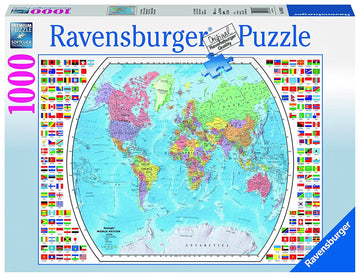 Ravensburger Political World Map jigsaw puzzle featuring a colorful, detailed map of the world, with borders and flags of various countries displayed around the edges. This 1000-piece puzzle is designed for map enthusiasts and puzzle lovers alike.