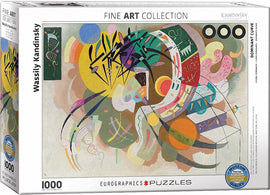 Dominant Curve jigsaw puzzle by Eurographics featuring an abstract design inspired by Wassily Kandinsky's fine art. The puzzle contains 1000 pieces and showcases vibrant colors, curves, and geometric shapes, perfect for art lovers and puzzle enthusiasts alike.