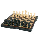 A 15-inch dark wood folding chess set featuring elegantly crafted black and ivory chess pieces set on a classic checkered board. The pieces are neatly arranged with the black pieces on one side and the white pieces on the other, showcasing a rich wooden finish and a compact design perfect for storage and travel.